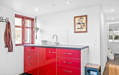 a kitchen with red cabinets and a sink at Beach Front Home In Fredericia With Wifi in Fredericia