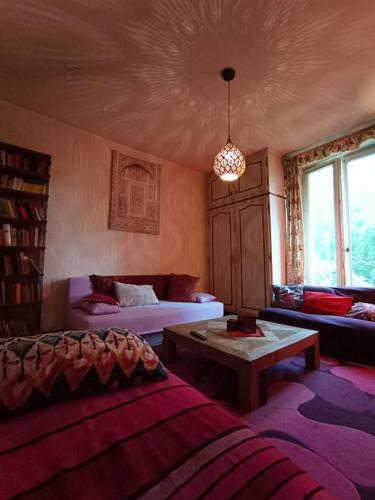 un salon avec un lit et une table dans l'établissement Maison de campagne en cours de rénovation accessible en train, à Cravant