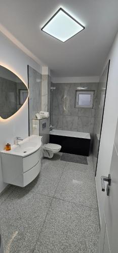 a bathroom with a sink and a tub and a toilet at Lotus in Giarmata Vii