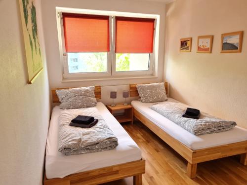 two beds in a room with two windows at Wohnung, 2 Schlafzimmer voll ausgestattet in Uninähe in Mainz
