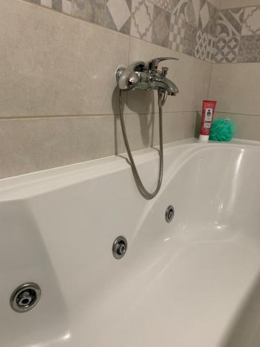 a white bath tub with a faucet on top of it at Prenoćište Šimić in Slavonski Brod