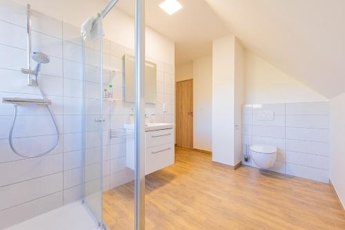 a bathroom with a shower and a toilet at Chalupa KARKULKA in Hostice