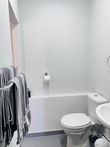 ダーバンにあるPrivate Room Pelicanの白いバスルーム(トイレ、シンク付)