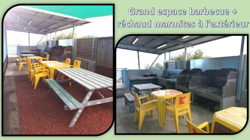 a group of tables and chairs on a patio at Le Belvédère du Piton Hyacinthe grande villa capacité 22 personnes avec vrai jacuzzi billard trampoline babyfoot in La Plaine des Cafres
