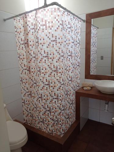 a bathroom with a shower with a toilet and a sink at Hotel Sunlight in Paracas