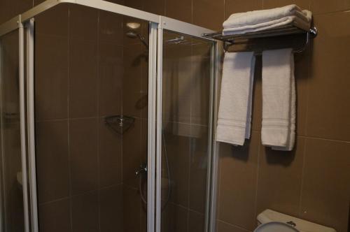 a bathroom with a shower with towels on a rack at Hotel Aviation in Brussels
