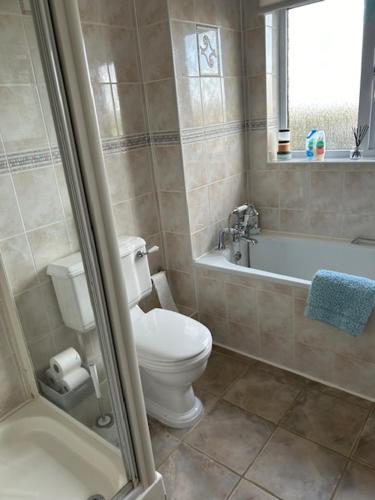 ein Badezimmer mit einem WC und einer Badewanne in der Unterkunft Rock Park Farm B&B in Crediton