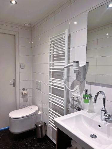 a white bathroom with a toilet and a sink at Hotel Loskade 45 in Middelburg