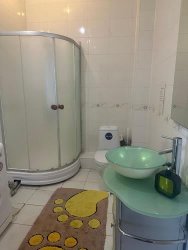 a bathroom with a green sink and a shower at Семейная с детьми Центр in Oral