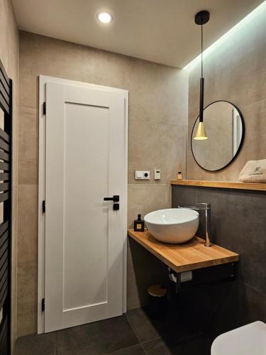 a bathroom with a white sink and a mirror at Pod vinohradem - apartmány & vinné sklepy in Mutěnice