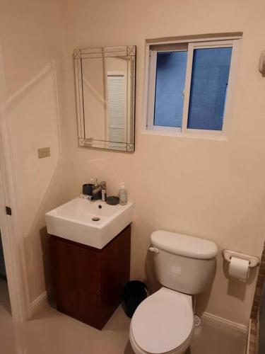 a bathroom with a toilet and a sink and a mirror at 5 Min from Dunn River Fall 2 Bedroom Townhome Pool Balcony in Mammee Bay