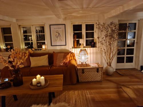 a living room with a brown couch and a table at Skrøbelev Gods Manor House in Rudkøbing