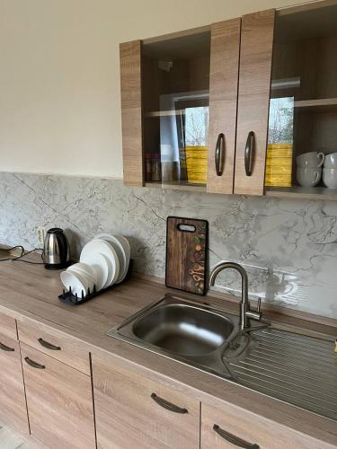 a kitchen with a sink and a counter top at Messe und Monteurzimmer Sehnde in Sehnde