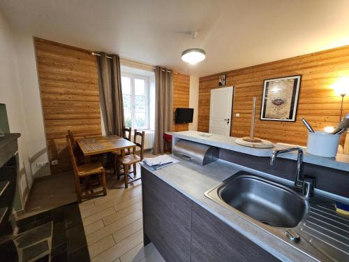 a kitchen with a stainless steel sink and a table at Gite La Lumette in Besse-et-Saint-Anastaise