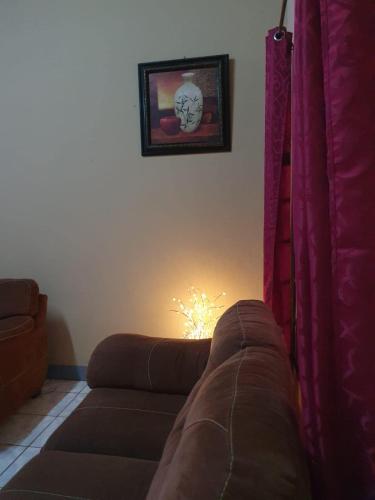 een woonkamer met een bank en een licht bij Ixoras Guest House in Moyogalpa