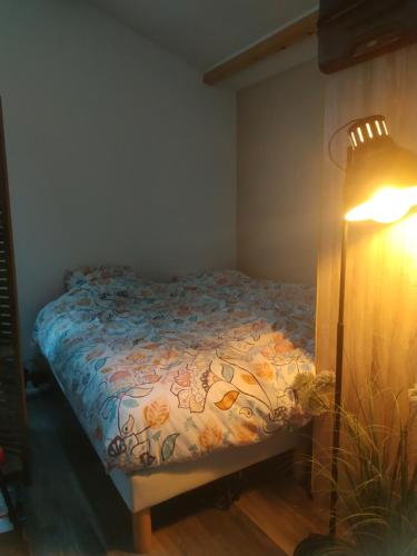 een slaapkamer met een bed met een blauwe en oranje deken bij Gite Coté Jardin 2pers. in Saint-Gelais