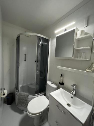 een badkamer met een douche, een toilet en een wastafel bij Terminal in Poznań