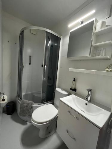 a bathroom with a shower and a toilet and a sink at Terminal Airport in Poznań