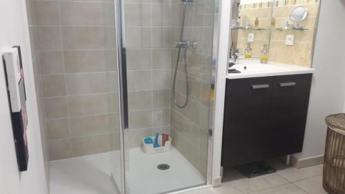 La salle de bains est pourvue d'une douche et d'un lavabo. dans l'établissement A l'Orée du Bois, à Audenge