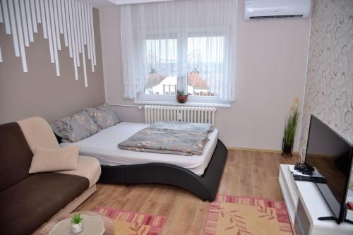 uma sala de estar com um sofá e uma televisão em Apartman ANA em Bečej