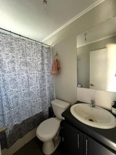 a bathroom with a toilet and a sink and a mirror at Acogedor hogar en Rinconada de los Andes in Rinconada de los Andes