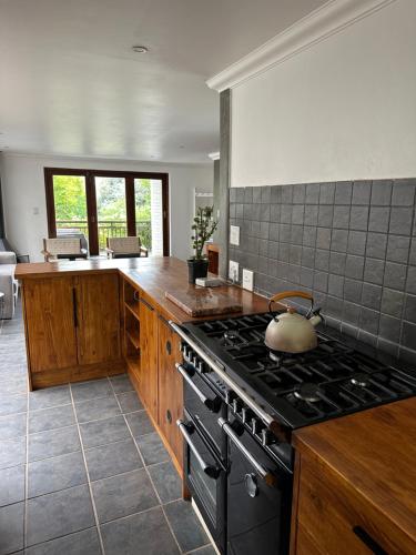 a kitchen with a stove with a tea kettle on it at Clarens Tranquil Mountain Villa in Clarens