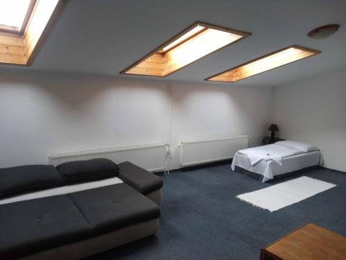 ein Wohnzimmer mit einem Sofa, einem Bett und Oberlichtern in der Unterkunft Penzion Prajzko, Hronov in Hronov