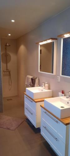 een badkamer met twee wastafels en een spiegel bij Exklusive villa on the coast close to Stockholm in Åkersberga