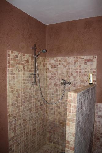 um chuveiro numa casa de banho com azulejos na parede em La Crozette - Mas Provençal em Saint-Restitut