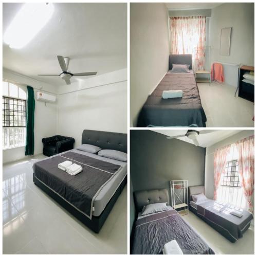 três fotografias de um quarto com duas camas em TP Homestay2 em Kuala Terengganu