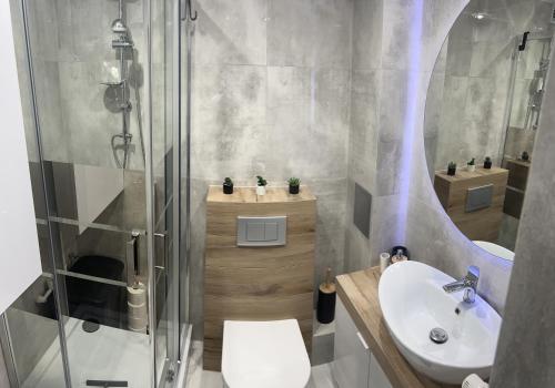 une salle de bains avec douche, toilettes et lavabo dans l'établissement Apartament ,,Eden”, à Zator