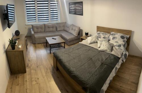 une chambre avec un lit et un canapé dans l'établissement Apartament ,,Eden”, à Zator
