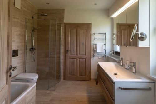 a bathroom with a shower and a toilet and a sink at Spreewald Chalet in Burg