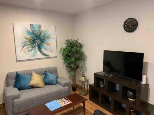 sala de estar con sofá y TV en Confortable Apartmento, en Guanajuato
