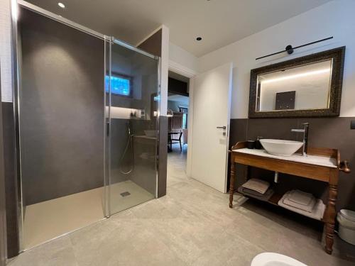 a bathroom with a glass shower and a sink at Casa di Sant'Anselmo - Il Parco - CIR VDA AOSTA 0191 in Aosta