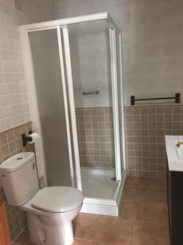 a bathroom with a shower with a toilet and a sink at Villaricos in Villaricos