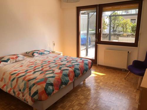 a bedroom with a bed and a window at Vue sur lac et proche du centre in Montreux