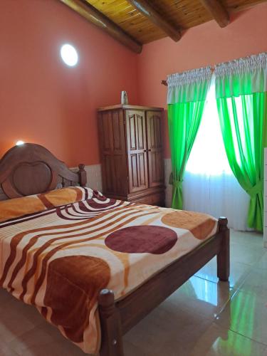 1 dormitorio con 1 cama con cortinas verdes y ventana en Cabañas Maciel en San Rafael