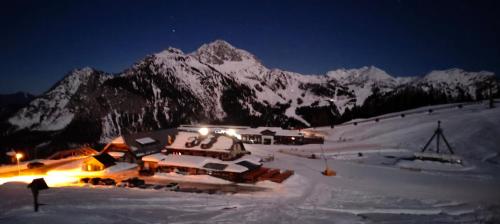 Sonnleitn AlpinWell Appartment (Ski in&out + Wellness) في هيرماغور: نزل التزلج في الثلج ليلا مع الجبل