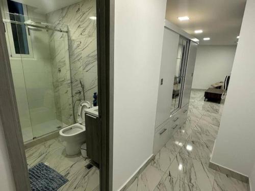 a bathroom with a toilet and a walk in shower at Luxury living and Pacific Views in Panama City