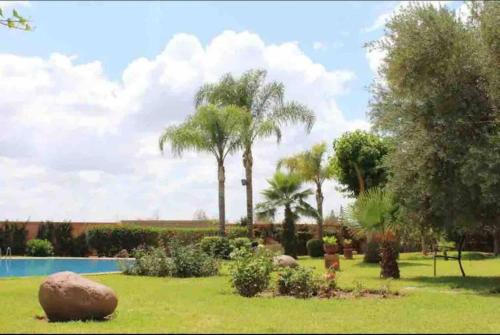un jardin avec des palmiers et une piscine dans l'établissement appartement luxueux /confort , l’hivernage(Guéliz) au cœur de Marrakech, à Marrakech