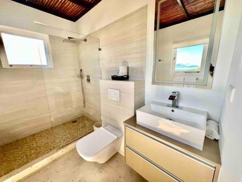 a bathroom with a toilet and a sink and a shower at NewVilla-Coral Estate-WalktoBeach-Private Pool-up to 16 Guests SeaView in Willibrordus