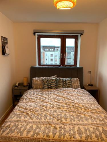 a bedroom with a large bed with a window at Two bed fully furnished apt in Dublin