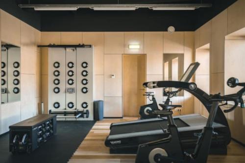 een fitnessruimte met een loopband en een fiets erin bij Seashell Albatross Boutique Apartment in Ķesterciems