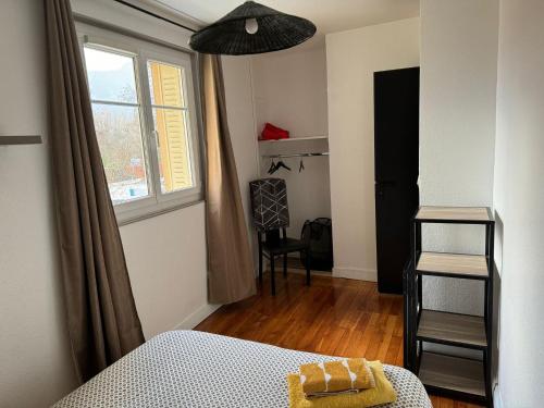 een slaapkamer met een bed en een raam bij Appartement proche Grenoble centre et campus in Saint-Martin-dʼHères