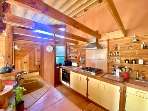 uma grande cozinha com paredes de madeira e balcões de madeira em Maison d'architecte en bois lac au bord du lac Salagou em Celles
