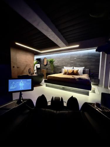 a bedroom with a bed and a tv in a room at Premium Apartament & Spa in Zator
