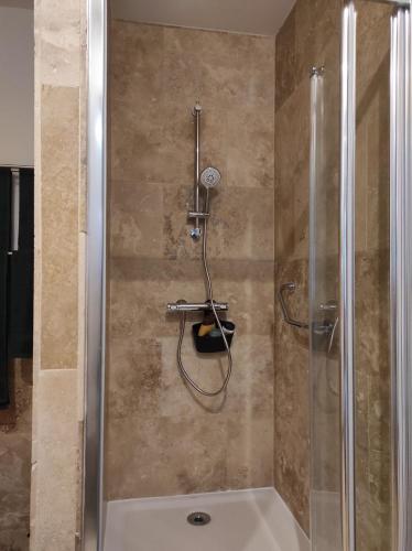 une douche avec une porte vitrée dans une salle de bain dans l'établissement maison luxe césar aeroport tillé 2 a 7 personnes, à Tillé