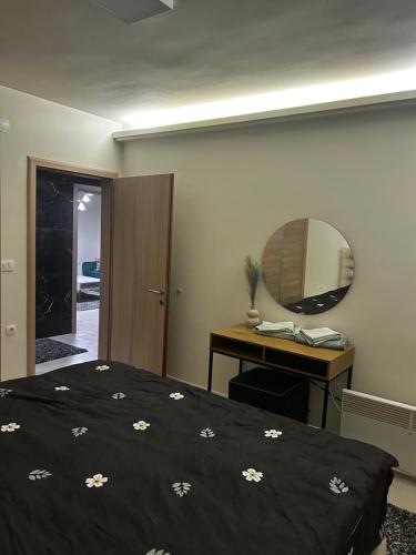1 dormitorio con cama, espejo y escritorio en Anton Apartment, en Kočani