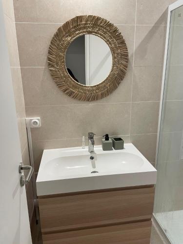a bathroom with a sink and a mirror at Family loft à 5minutes du Zooparc de Beauval in Châteauvieux